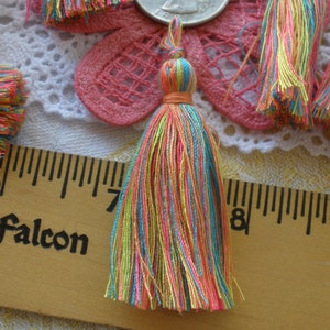May include: A multi-colored tassel with a light pink, light blue, light green, and orange color scheme. The tassel is approximately 2 inches long and is measured against a ruler.