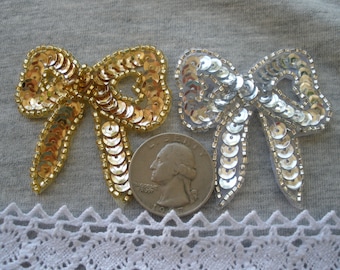 Silver or Gold Sequin 2" beaded bow Applique Embellishment 48MM x 51MM Embellish T-shirt Jacket cool sew on glue iridescent seed beads bling