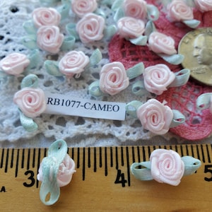 36 Tiny Pink Satin ribbon rosettes hand sewn appliques ribbonwork flowers roses robin egg mint blue leaves embellish doll clothes crafts