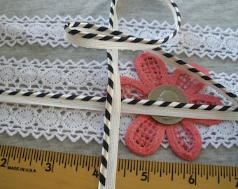 Cool Black / White Stripes Piping Trim Edging Gimp Dolls 5/16" Mixed Media Lamp Shades Crazy Quilts Pillows Polyester Rayon Lip Cord yardage