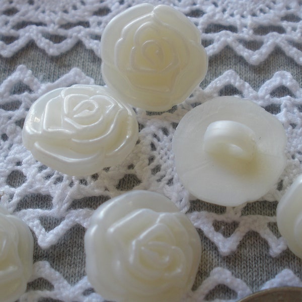 Ivory White Pearlescent Carved Plastic Rose shank buttons size 22L (9/16" 14MM) antique look sewing crafts cool cast in relief 3 mm hole