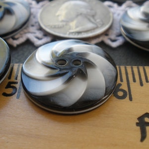 May include: A close-up of a black and white swirl button with two holes. The button is about 1 inch in diameter and is sitting on a wooden ruler.
