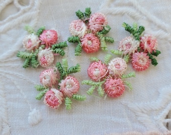 48 Pleasant petal pink shades embroidered tiny 5/8" flower appliques Rose green leaves embellish everything sew or glue slow stitch paper