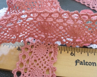 Classic 1 3/8" wide Dusty Rose Pink Cotton Cluny Lace trim scalloped & straight edge crochet look retro cotton blend BTY machine barmen lace