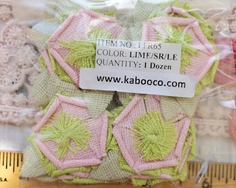 Vintage Lime Green & Light Pink Flowers 1 dozen layered linen appliques 1.25" to 1 3/8" embellish sewing crafts scrapbook glued appliques