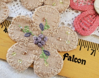 Embroidered & Sequin Light Tan Flowers 60MM 1 dozen appliques 2 3/8" wide embellish headband sewing craft scrapbook purple and green accents