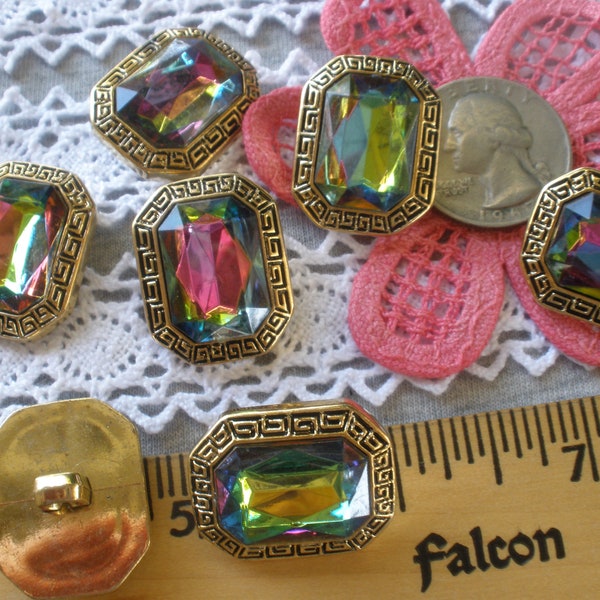 Colorful Gem Shape Rhinestone Gold Plastic shank buttons 1" 40L 25mm shabby rustic 7 pc cabochon Greek Key pattern edges rainbow AB