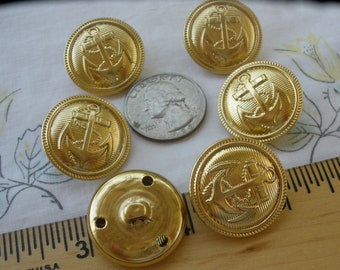 Brass Anchor & rope hollow metal shank buttons size 40L (1 inch 25mm) 6 pcs gold brass color stamped front steampunk suit jacket anchors