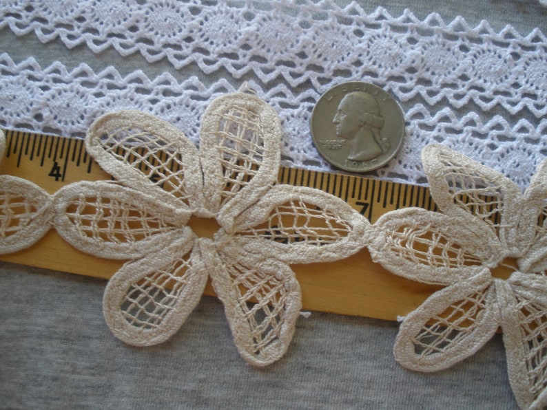 Beige cotton Linen color Flower Daisy chain tape Lace 2.75 wide by 3 applique retro 70mm insert edging embellishment wedding bridal boho image 5