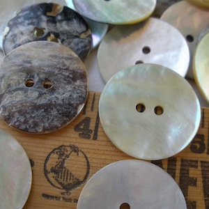May include: A collection of iridescent white and brown shell buttons with two holes. The buttons are arranged on a wooden ruler with the numbers 3, 4, and 5 visible.