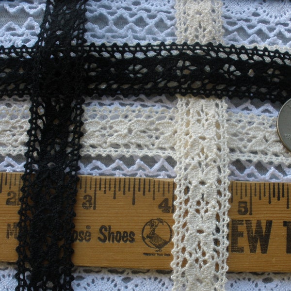 Natural Cotton Cluny Lace Dainty 3/4" wide Trim Choose Ecru or Black yardage Vintage look cotton lace pico edges retro yards crochet bobbin