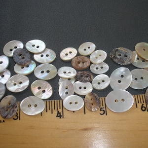 May include: A collection of various buttons, including oval and round shapes, with two holes each. The buttons are made of mother-of-pearl and other materials, displaying iridescent and natural brown tones. A wooden ruler with inch markings is in the foreground.