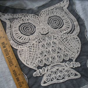 Cream Owl applique embroidered on Black Net Lace 9.75" x 12" large embellishment t-shirt retro altered couture boho hippie cool