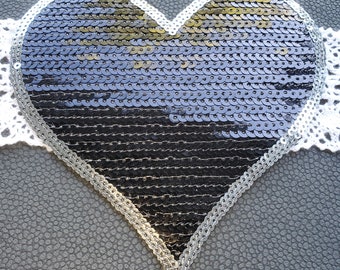 Heart Applique Sequin Black & Silver Iron-on Embellish T-shirt bag pillow Craft Accent sewing trendy cool 5.5" by 5 3/8" kid size too