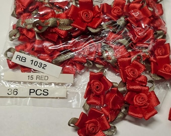 36 Red Satin ribbon 5 petal rosettes hand sewn appliques ribbonwork flowers roses embellish doll clothes crafts hair ties scrapbook