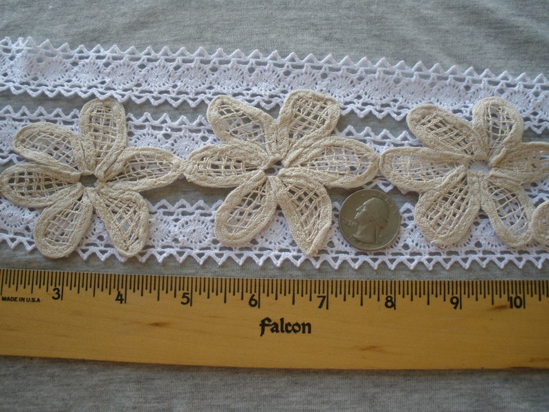 Beige cotton Linen color Flower Daisy chain tape Lace 2.75 wide by 3 applique retro 70mm insert edging embellishment wedding bridal boho image 9