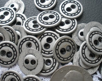 15MM Matte Antique Silver Stitched Pattern Metal Shirt Buttons pewter color 24L 13 each 2 hole sew on jewelry clasp 2MM holes