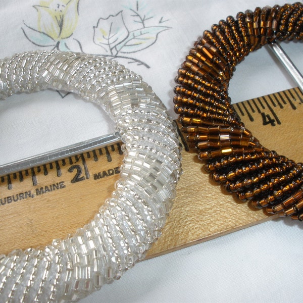 Beaded Buckle Scarf Slide Round Silver White or Copper Brown 1.75" opening 3" buckle sewing t-shirt slide novelty ribbon embellishment