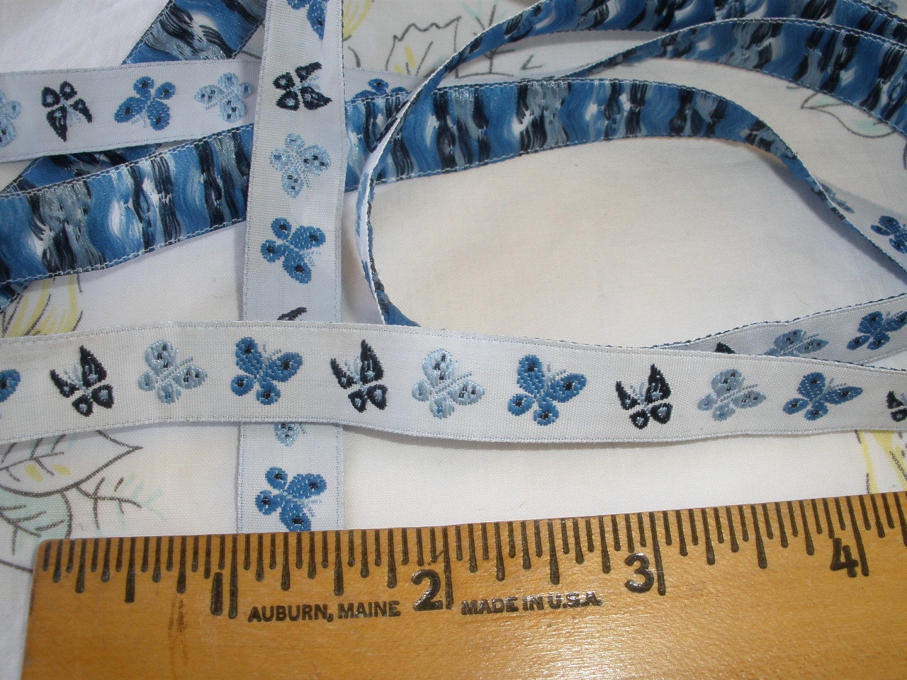 Shades of Blue Butterflies Embroidered Ribbon Jacquard 1/2