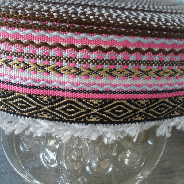 Tribal woven ribbon with micro loop fringe 1 7/8" wide pink white black tan retro yards jacquard reversible yardage craft costume home decor