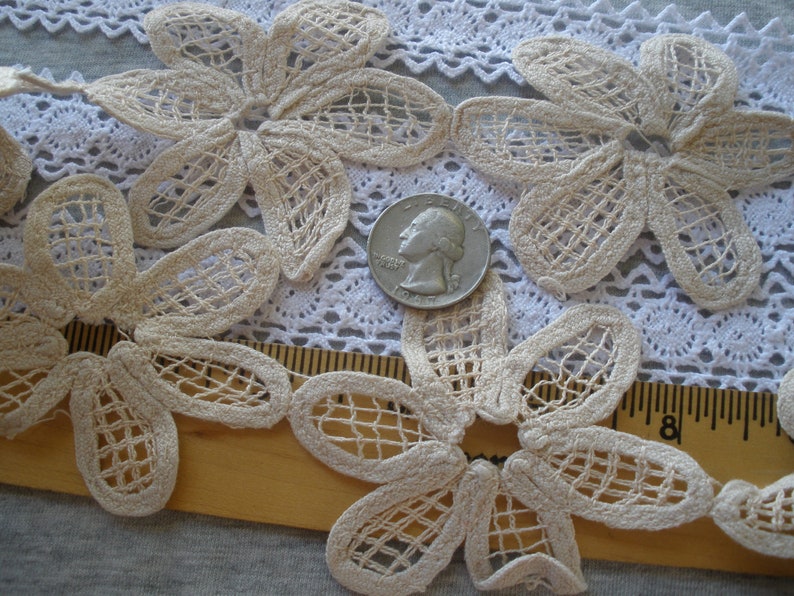 Beige cotton Linen color Flower Daisy chain tape Lace 2.75 wide by 3 applique retro 70mm insert edging embellishment wedding bridal boho image 3