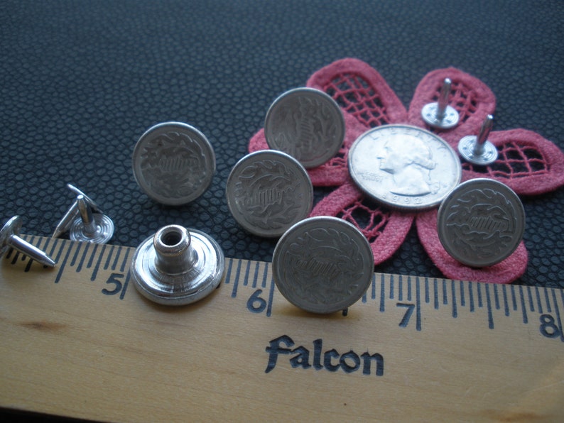 Punaise en métal de couleur argent mat, 17 mm, boutons motif feuille, jean sans couture, remplacement des rivets, bouton pression, veste en jean militaire de 11/16 po. image 9