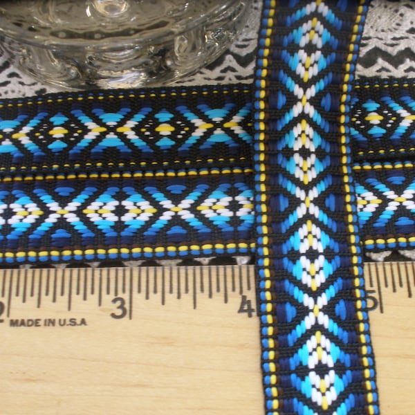 Tribal Pattern Reversible Jacquard 22MM ribbon trim blue turquoise yellow white on black yards lots embellish Boho costume