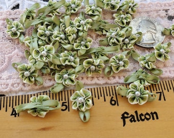 Tiny Green hombre ruffle pearl center Ribbonwork flowers Rosettes 36 each hand sewn appliques embellish doll clothes slow stitch all crafts