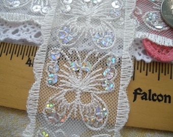 Gorgeous Embroidered Butterflies on net lace with sequins 2" Ribbon Insert Trim Scallop Edges BTY  poly nylon blend off white butterfly