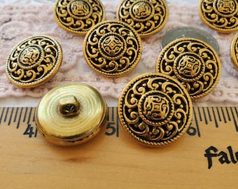Cool Vintage gold tone hollow metal shank buttons size 36L (7/8" 23mm) 9 pcs black accents stamped front steampunk suit jacket flower sun