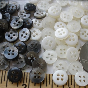 Tiny Gray or White Pearlized Plastic Shirt Buttons 48 Size 14L (1/3&quot; 8.5MM) 4-hole Shiny Diminutive Dimi doll Jewelry bulk sewing