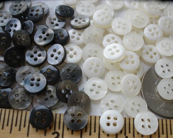 Tiny Gray or White Pearlized Plastic Shirt Buttons 48 Size 14L (1/3" 8.5MM) 4-hole Shiny Diminutive Dimi doll Jewelry bulk sewing