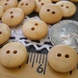 Rounded wooden buttons 15MM Light Wood wax finish 24L 5/8&quot; natural 2 hole sew-on clothes crafts embellish knit bulk wholesale supply 18pcs