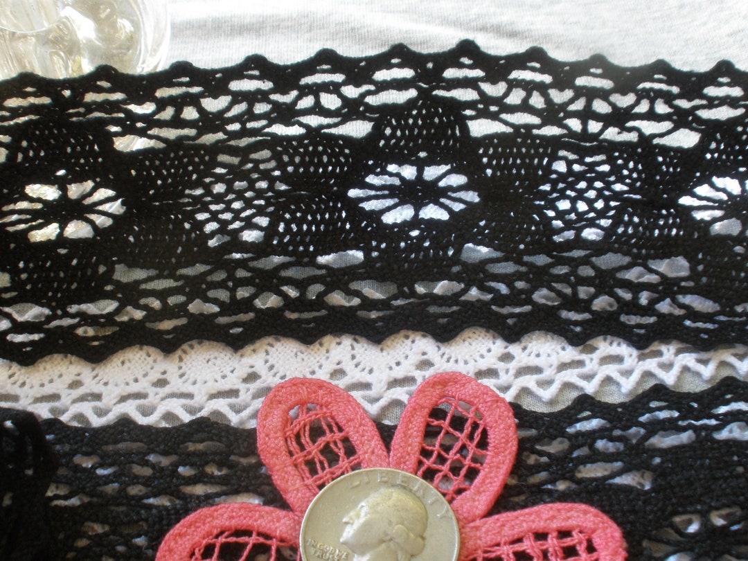 3, 5 or 10 Yard Cuts Black Cotton Flower Insert Lace Trim 2 1/8 Wide