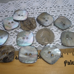 May include: A collection of 12 iridescent, mother-of-pearl buttons in various shades of gray and brown. The buttons are square shaped with two holes each. Some buttons have a more textured surface than others. The buttons are arranged on a white lace fabric background with a ruler and a quarter for scale.