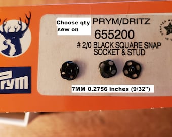 Vintage Prym Rustproof Brass Sew on Black Square Snaps 25 Sets # 2/0 7 MM Doll Clothes crafts Made in USA Prym/Dritz 655200 SNAP