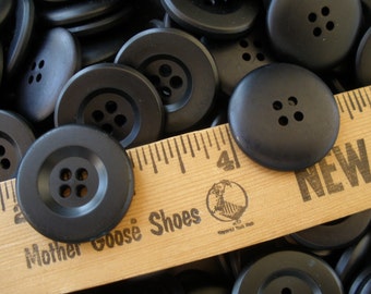 Vintage Matte Black Coat Buttons Thick Rim 1 1/8" Size 45L (28MM) plastic 9 ea suit jacket crafts blue-black mid century look 4 hole sew on