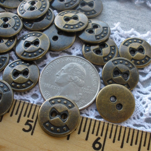 Industrial metal shirt buttons 15MM Bronze bow tie pattern sew on 23L 12 each 2 hole large 2mm holes wrap bracelet clasp steampunk