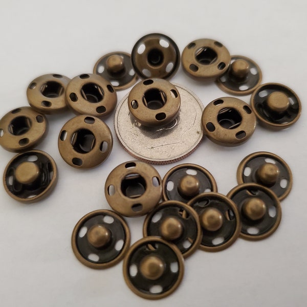 10MM Antique Brass Sew on metal Snaps 18 Sets 3/8" shirts small fasteners Doll Clothes crafts bronze color