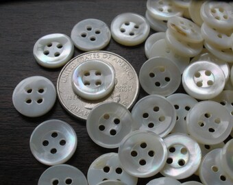 100 Polished Bright White MOP Shirt Buttons 1/2" mother of pearl 13MM 20L 4H VTG 