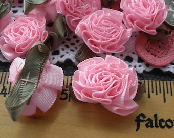 Pink ribbonwork flowers cabbage ribbon roses 7/8 inch Embellish t-shirt up-cycle Shabby Chic ruffles rosette satin bows appliques hand sewn