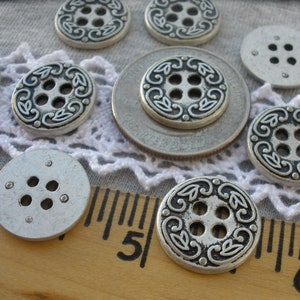Matte Antique Silver Floral Shirt Buttons 24L 15mm 5/8&quot; 4 hole sew on jewelry sewing crafts 9 pieces retro costume flower scroll