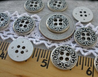 Matte Antique Silver Floral Shirt Buttons 24L 15mm 5/8" 4 hole sew on jewelry sewing crafts 9 pieces retro costume flower scroll