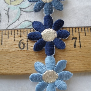 Denim & Silver Flower applique Lace Trim Daisy Chain 13/16&quot; wide 4.4 yard spools shades of blue scrapbook craft embellish