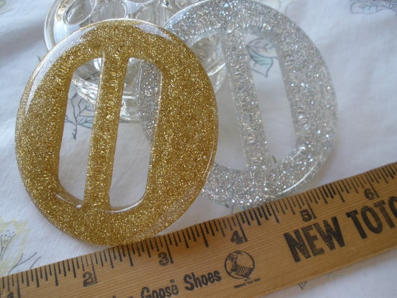 Vintage Gold and Silver Tone Slide Belt  / Scarf Sash Buckle Silver or Gold Glitter Buckle in Clear Plastic Scarf Slide  main image 2