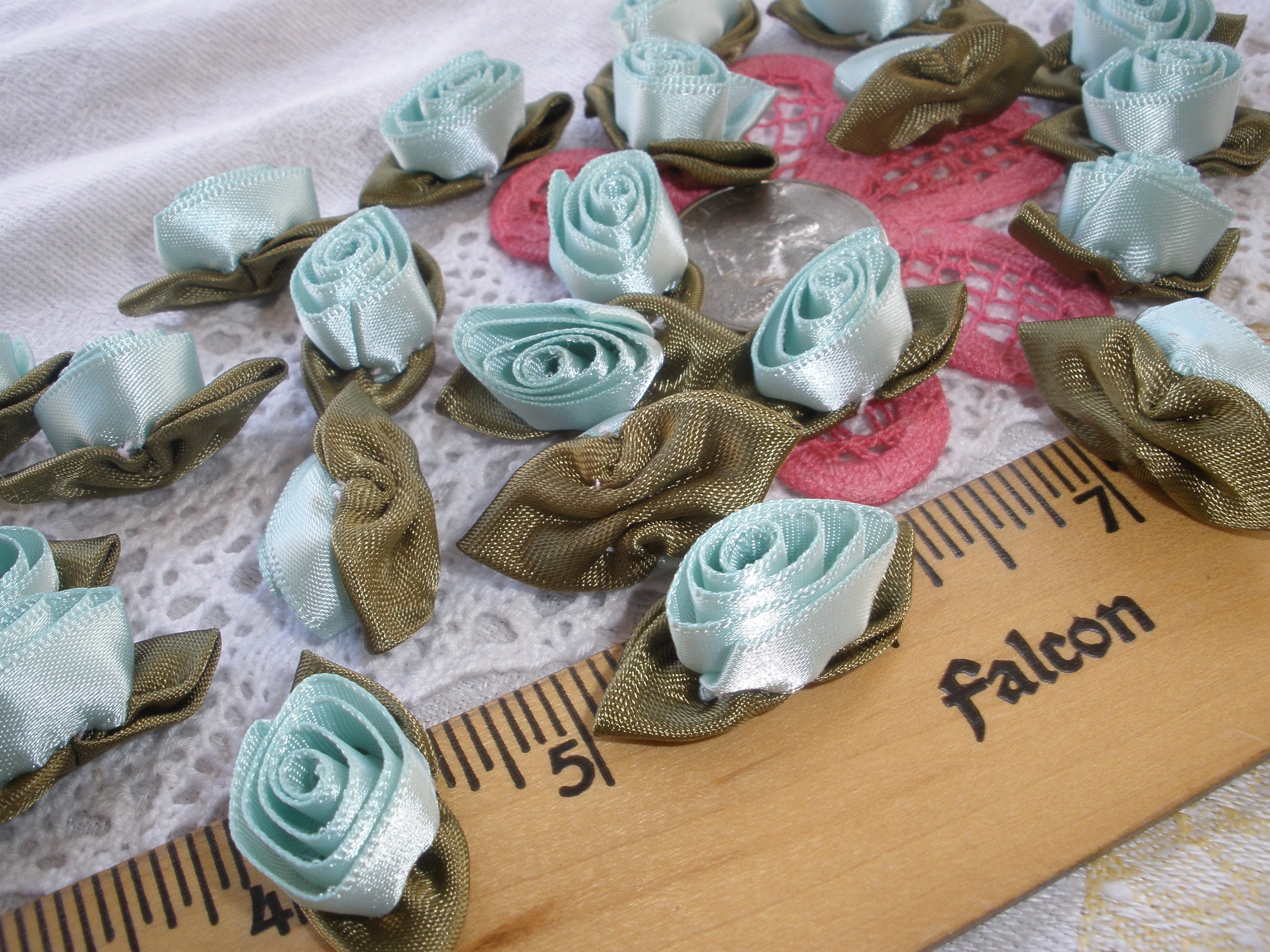 Light Green Ribbon Roses Light Green Satin Ribbon Barrel Roses Hand Sewn Appliques 36 Ribbonwork ...