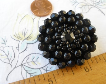 Large Black Beaded & Rhinestone buttons 40MM 65L flower faceted sewn beads fabric cover shank button embellish retro mid century fancy