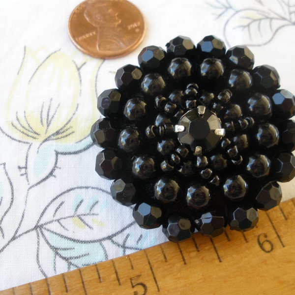 Large Black Beaded & Rhinestone buttons 40MM 65L flower faceted sewn beads fabric cover shank button embellish retro mid century fancy