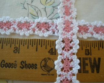 Pink & Bright White Cotton Cluny Lace trim 13/16" wide crochet look retro yardage sewing crafts embellish edging insert