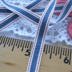 May include: Close-up of a blue, white, and red striped ribbon. The ribbon is approximately 0.5 inches wide and features a repeating pattern of blue stripes, white stripes, and red dots. A wooden ruler with inch markings is in the foreground.